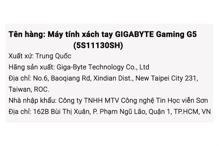 Laptop GIGABYTE Gaming G5 i5 10500H/16GB/512GB/6GB RTX3060/144Hz/Win10 (5S11130SH) Màu Đen