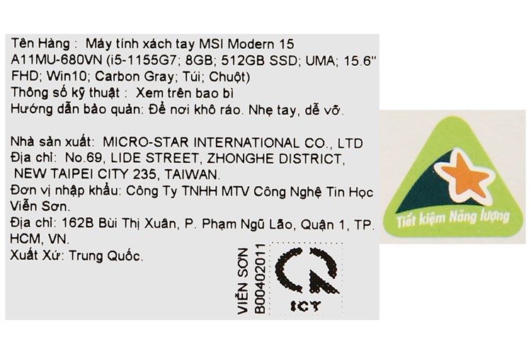 Laptop MSI Modern 15 A11MU i5 1155G7/8GB/512GB/Túi/Chuột/Win10 (680VN) Màu Xám