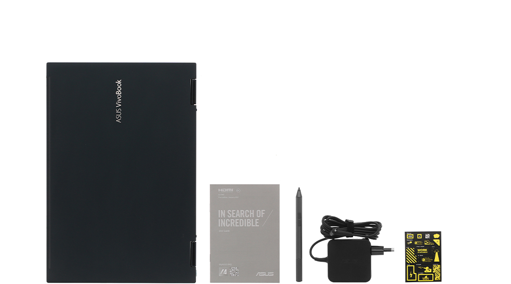 Bộ sản phẩm gồm: Sách hướng dẫn, Bút cảm ứng, Thùng máy, Sạc Laptop Asus