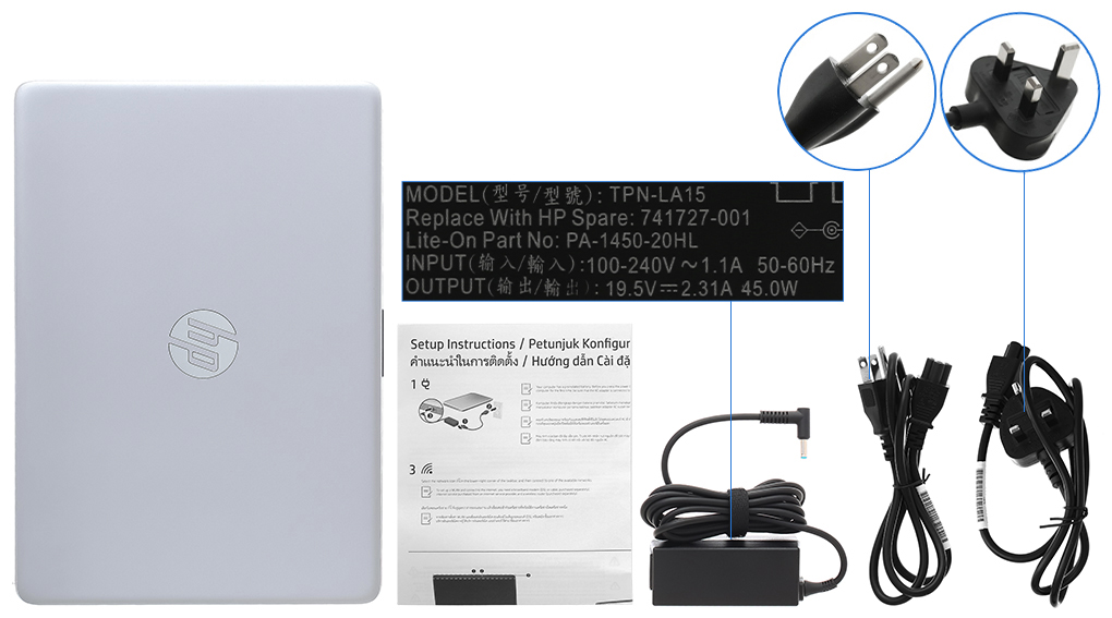 Bộ sản phẩm gồm: Dây nguồn ( 2 dây ) , Sách hướng dẫn, Thùng máy, Sạc Laptop HP