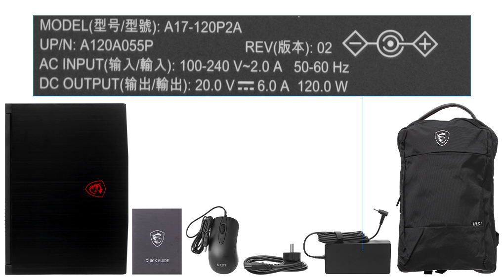Bộ sản phẩm gồm: Dây nguồn, Sách hướng dẫn, Balo ( Trong thùng máy ) , Chuột ( Trong thùng máy ) , Thùng máy, Sạc Laptop MSI
