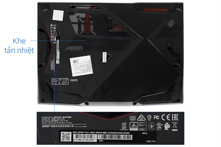 Laptop MSI Gaming GF63 Thin 10SC i7 10750H/8GB/512GB/4GB GTX1650 Max-Q/144Hz/Balo/Chuột/Win10 (480VN) Màu Đen