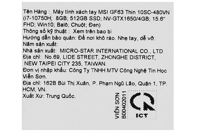 Laptop MSI Gaming GF63 Thin 10SC i7 10750H/8GB/512GB/4GB GTX1650 Max-Q/144Hz/Balo/Chuột/Win10 (480VN) Màu Đen