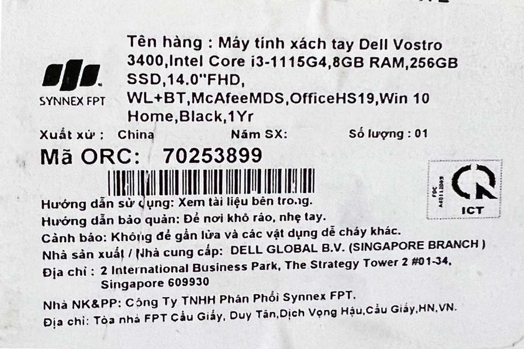 Laptop Dell Vostro 3400 i3 1115G4/8GB/256GB/OfficeH&S 2019/Win10 (70253899) Màu Đen