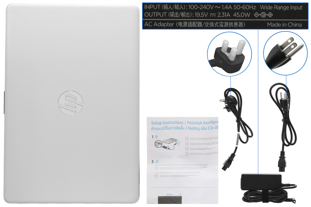 Bộ sản phẩm gồm: Dây nguồn ( 2 dây ) , Sách hướng dẫn, Thùng máy, Sạc Laptop HP