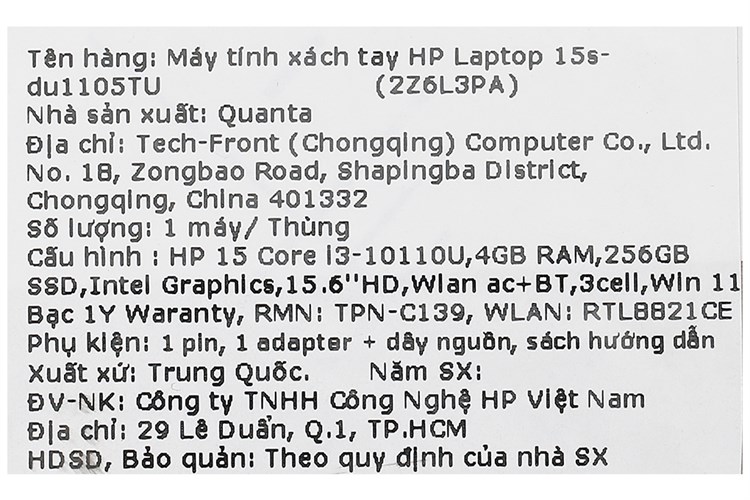 Laptop HP 15s du1105TU i3 10110U/4GB/256GB/Win11 (2Z6L3PA) Màu Bạc