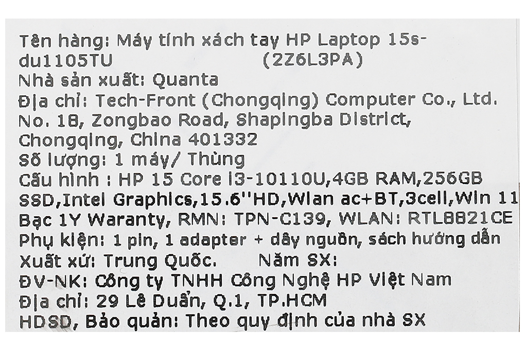 Laptop HP 15s du1105TU i3 10110U/4GB/256GB/Win11 (2Z6L3PA) chính hãng