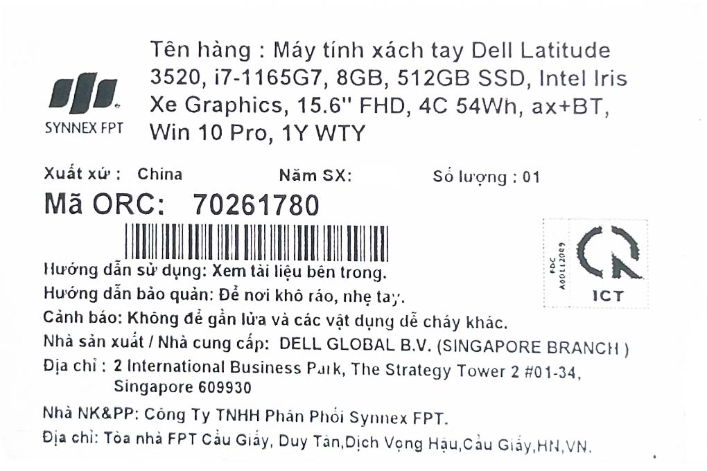 Laptop Dell Latitude 3520 i7 1165G7/8GB/512GB/Win10 Pro (70261780) Màu Đen