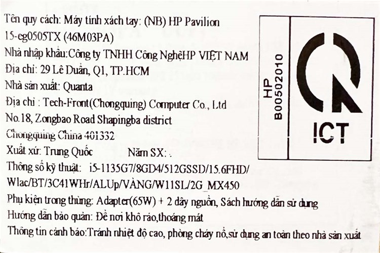 Laptop HP Pavilion 15 eg0505TX i5 1135G7/8GB/512GB/2GB MX450/Win11 (46M03PA) Màu Vàng