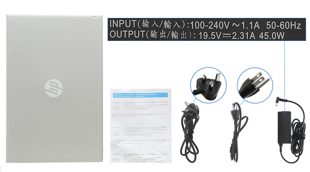 Bộ sản phẩm gồm: Dây nguồn ( 2 dây ) , Sách hướng dẫn, Thùng máy, Sạc Laptop HP