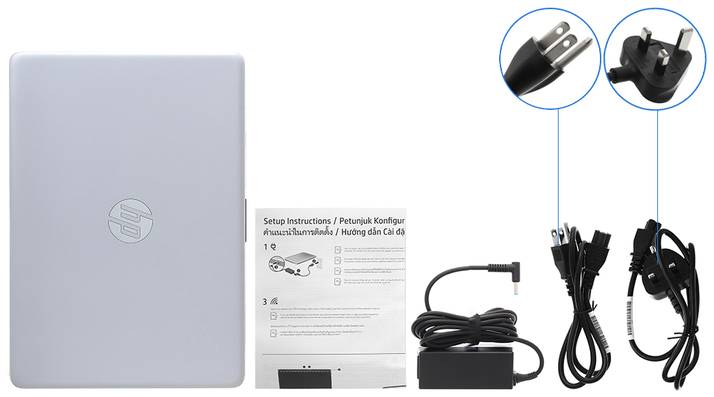 Bộ sản phẩm gồm: Dây nguồn, Sách hướng dẫn, Thùng máy, Sạc Laptop HP
