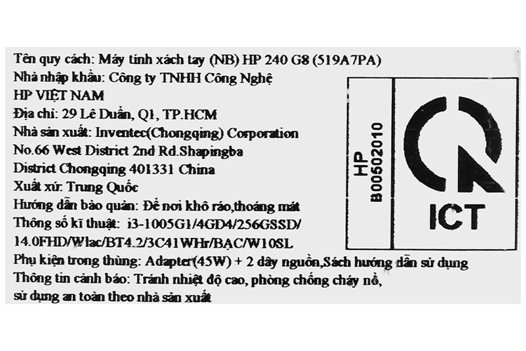 Laptop HP 240 G8 i3 1005G1/4GB/256GB/Win10 (519A7PA) Màu Bạc