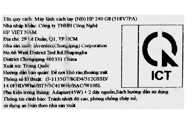 Laptop HP 240 G8 i5 1135G7/8GB/512GB/Win10 (518V7PA) Màu Bạc