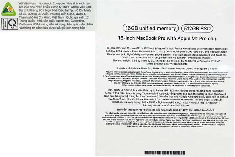 Laptop Apple MacBook Pro 16 inch M1 Pro 2021 10 core-CPU/16GB/512GB/16 core-GPU (MK1E3SA/A) Màu Bạc
