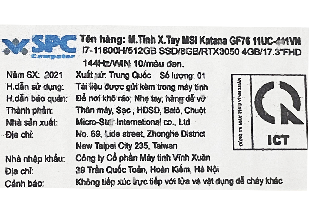 Laptop MSI Katana GF76 11UC i7 11800H/8GB/512GB/4GB RTX3050/144Hz/Balo/Chuột/Win10 (441VN)