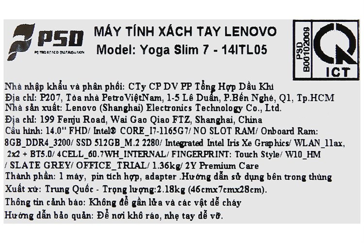 Laptop Lenovo Yoga Slim 7 14ITL05 i7 1165G7/8GB/512GB/Win10 (82A300DQVN) Màu Xám