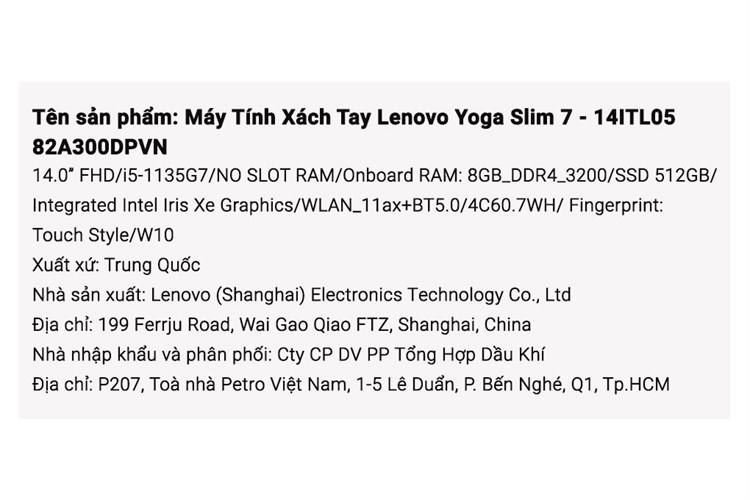 Laptop Lenovo Yoga Slim 7 14ITL05 i5 1135G7/8GB/512GB/Win10 (82A300DPVN) Màu Xám