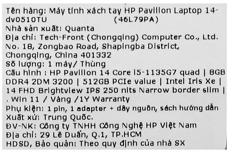 Laptop HP Pavilion 14 dv0510TU i5 1135G7/8GB/512GB/Win11 (46L79PA) Màu Vàng