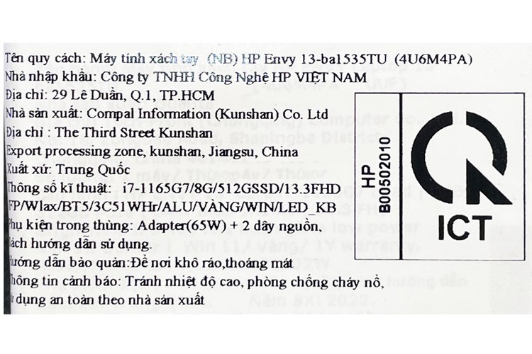 Laptop HP Envy 13 ba1535TU i7 1165G7/8GB/512GB/Win11 (4U6M4PA) Màu Vàng
