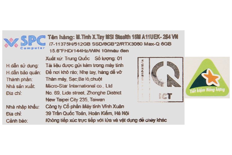 Laptop MSI Gaming Stealth 15M A11UEK i7 11375H/16GB/512GB/6GB RTX3060 Max-Q/144Hz/Balo/Chuột/Win10 (254VN) Màu Đen