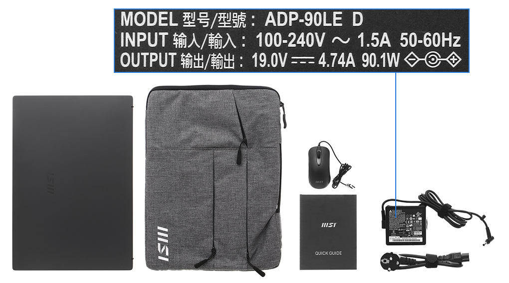 Bộ sản phẩm gồm: Dây nguồn, Sách hướng dẫn, Thùng máy, Sạc Laptop MSI