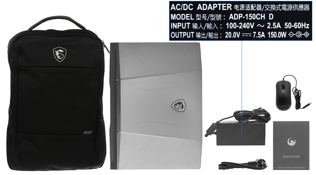 Bộ sản phẩm gồm: Dây nguồn, Sách hướng dẫn, Balo ( Trong thùng máy ) , Chuột ( Trong thùng máy ) , Thùng máy, Sạc Laptop MSI