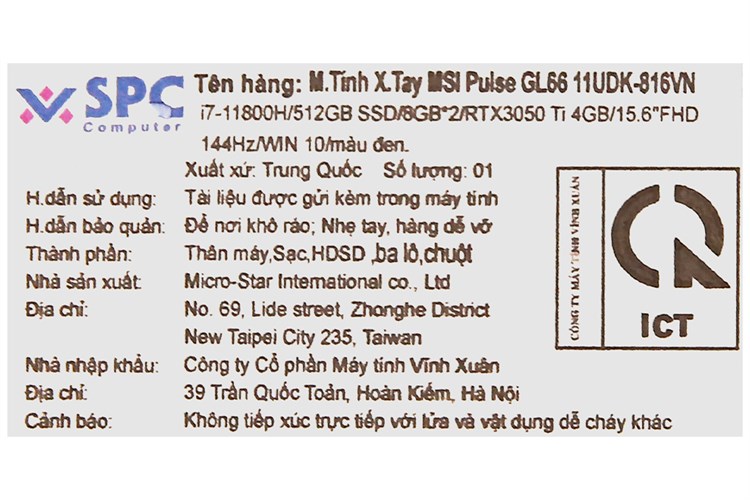 Laptop MSI Gaming Pulse GL66 11UDK i7 11800H/16GB/512GB/4GB RTX3050Ti/144Hz/Balo/Chuột/Win10 (816VN) Màu Đen