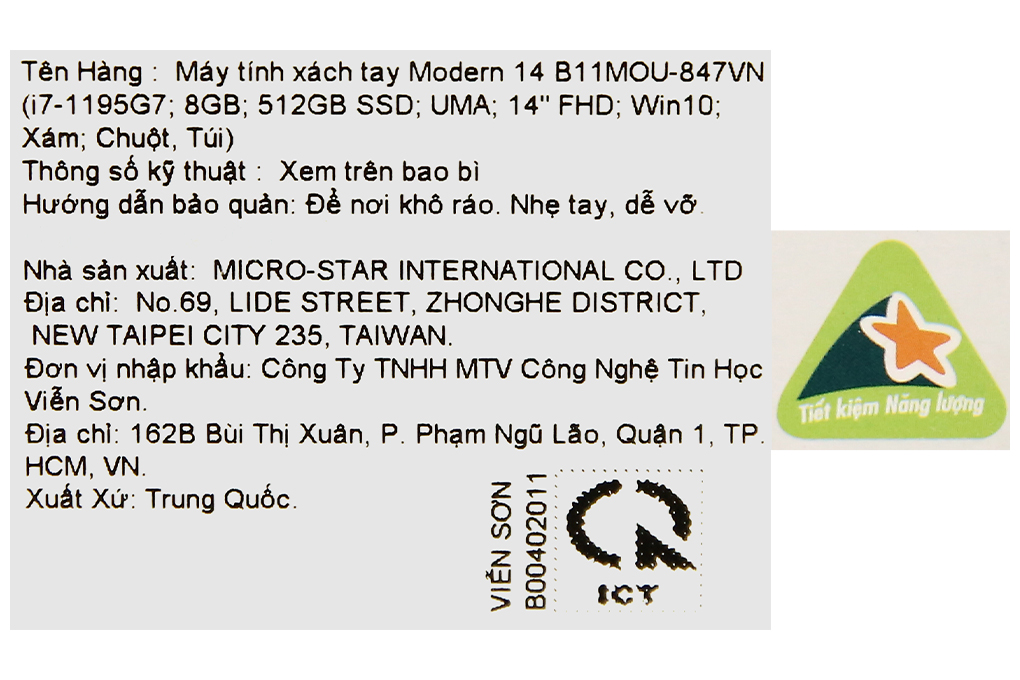 Laptop MSI Modern 14 B11MOU i7 1195G7/8GB/512GB/Túi/Chuột/Win10 (847VN) chính hãng