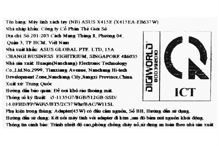 Laptop Asus VivoBook X415EA i5 1135G7/8GB/512GB/Win11 (EB637W) Màu Bạc