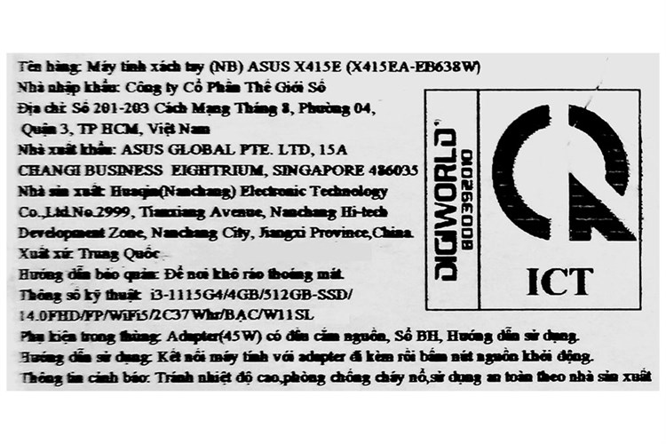 Laptop Asus VivoBook X415EA i3 1115G4/4GB/512GB/Win11 (EB638W) Màu Bạc