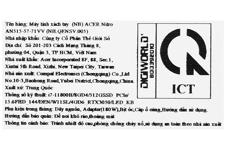 Laptop Acer Nitro 5 Gaming AN515 57 71VV i7 11800H/8GB/512GB/4GB RTX3050/144Hz/Win11 (NH.QENSV.005) Màu Đen
