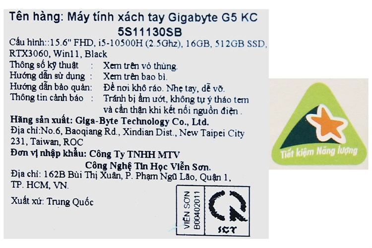 Laptop Gigabyte Gaming G5 i5 10500H/16GB/512GB/6GB RTX3060/144Hz/Win11 (KC-5S11130SB) Màu Đen