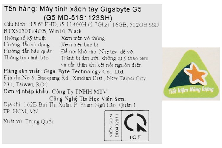 Laptop Gigabyte G5 i5 11400H/16GB/512GB/4GB RTX3050/144Hz/Win10 (GD-51S1123SH) Màu Đen