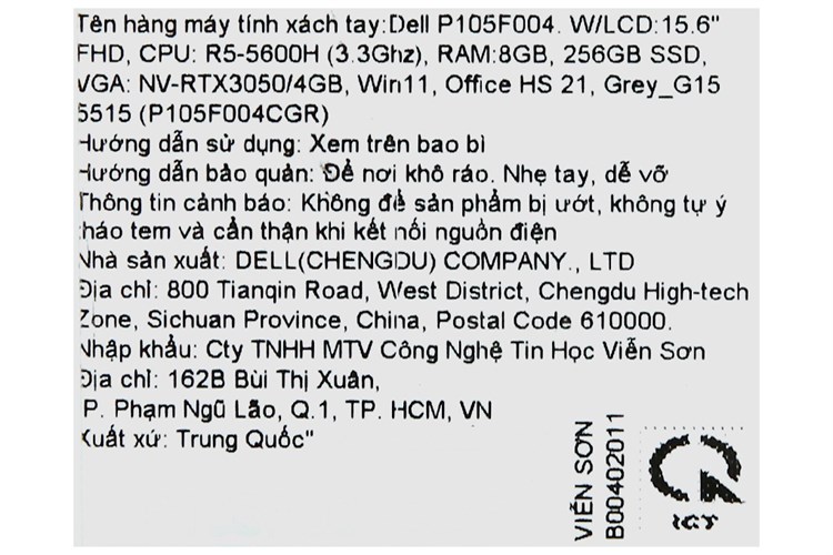 Laptop Dell Gaming G15 5515 R5 5600H/8GB/256GB/4GB RTX3050/120Hz/OfficeHS/Win11 (P105F004CGR) Màu Xám