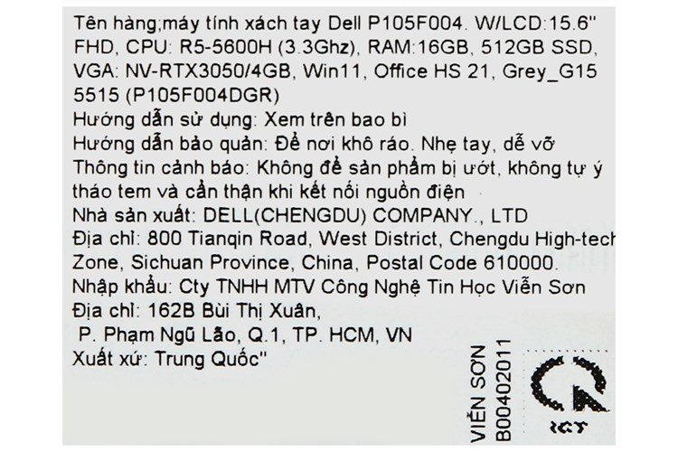 Laptop Dell Gaming G15 5515 R5 5600H/16GB/512GB/4GB RTX3050/120Hz/OfficeHS/Win11 (P105F004DGR) Màu Xám