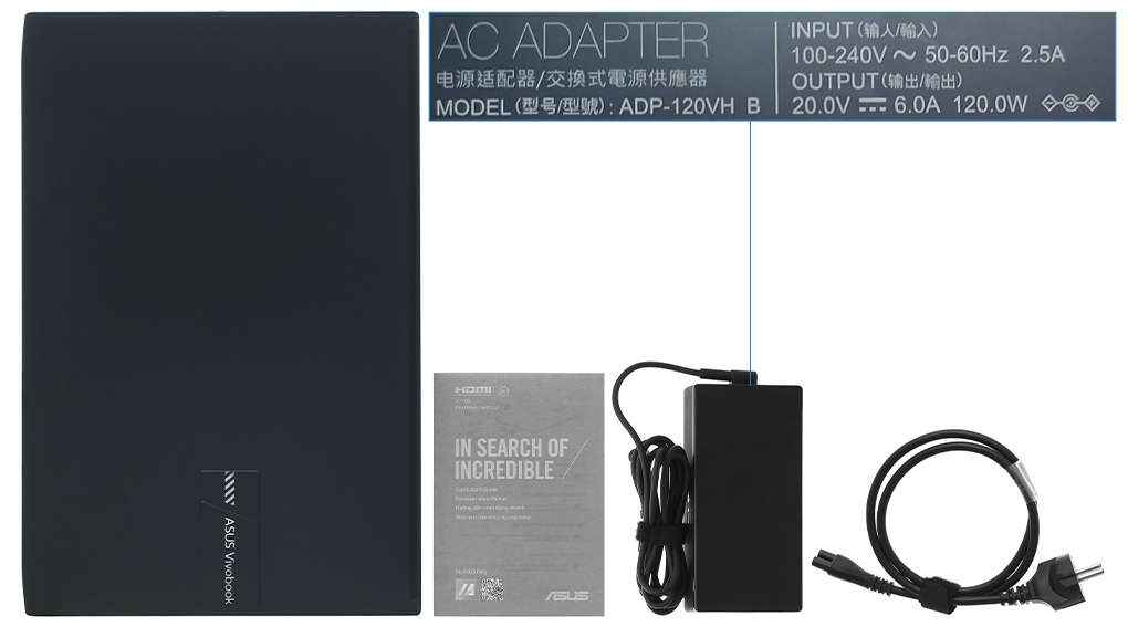 Bộ sản phẩm gồm: Dây nguồn, Sách hướng dẫn, Thùng máy, Sạc Laptop Asus