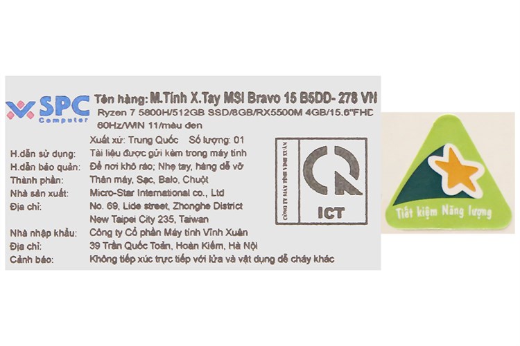 Laptop MSI Gaming Bravo 15 B5DD R7 5800H/8GB/512GB/4GB RX5500M/Balo/Chuột/Win11 (278VN) Màu Đen