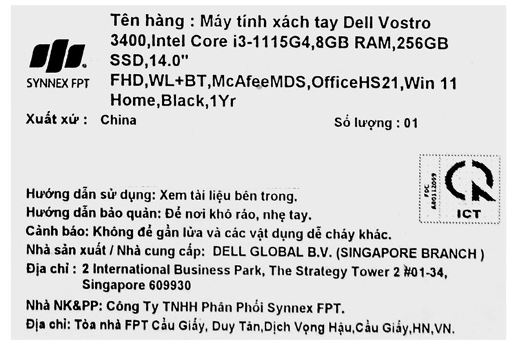 Laptop Dell Vostro 3400 i3 1115G4/8GB/256GB/Office H&S/Win11 (70270644) Màu Đen