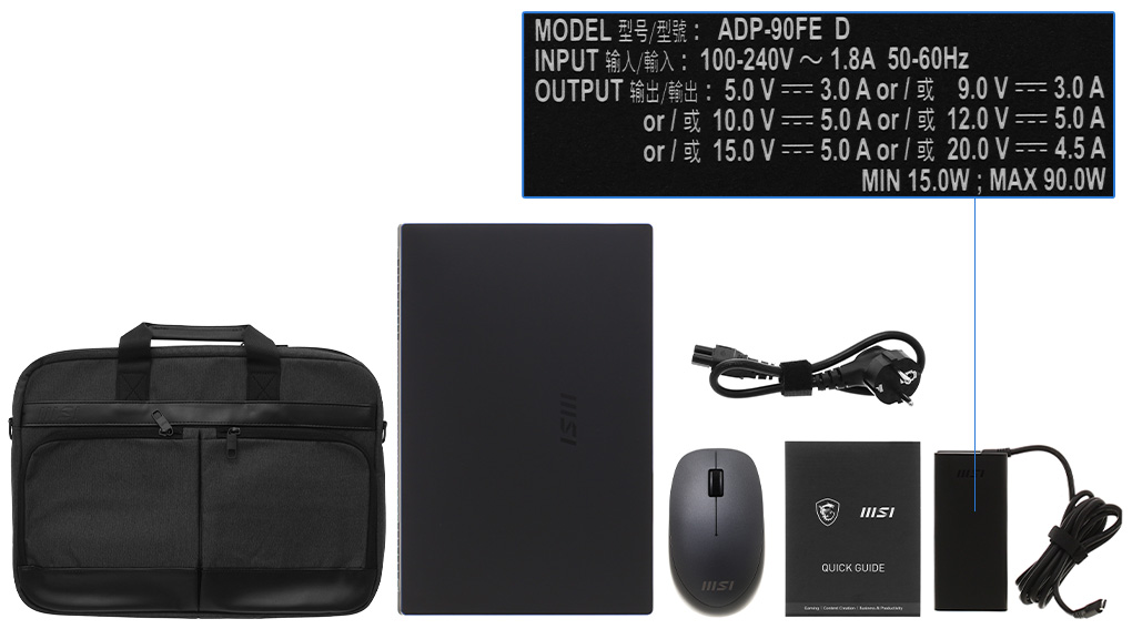 Bộ sản phẩm gồm: Dây nguồn, Sách hướng dẫn, Bao da ( Túi chống sốc trong thùng máy ) , Chuột ( Trong thùng máy ) , Thùng máy, Sạc Laptop MSI