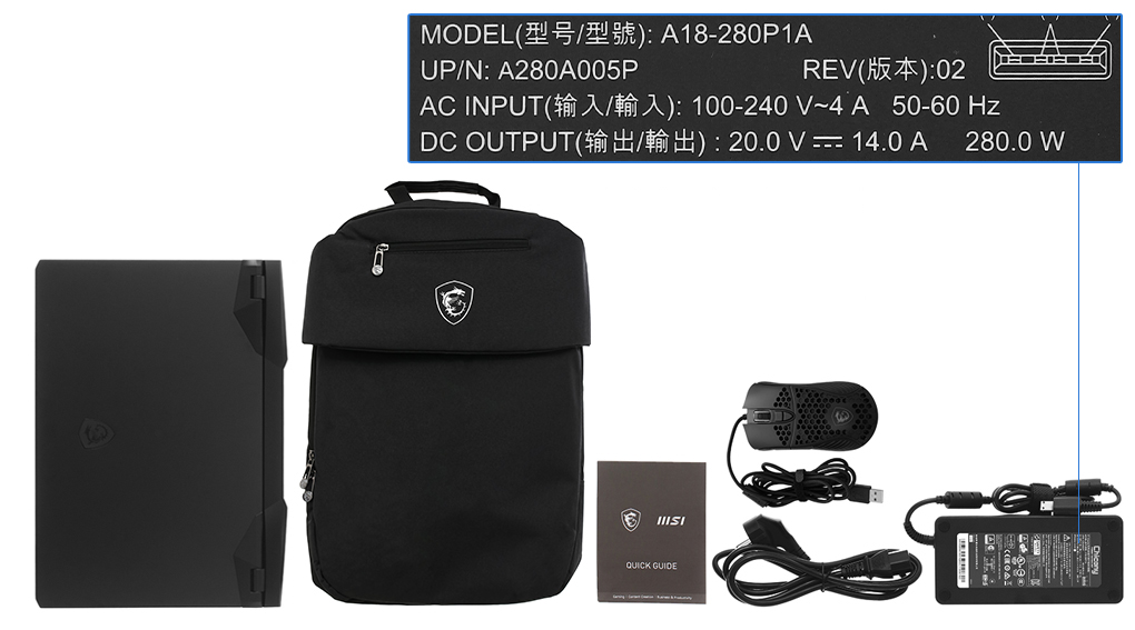 Bộ sản phẩm gồm: Dây nguồn, Sách hướng dẫn, Balo ( Trong thùng máy ) , Chuột ( Trong thùng máy ) , Thùng máy, Sạc Laptop MSI