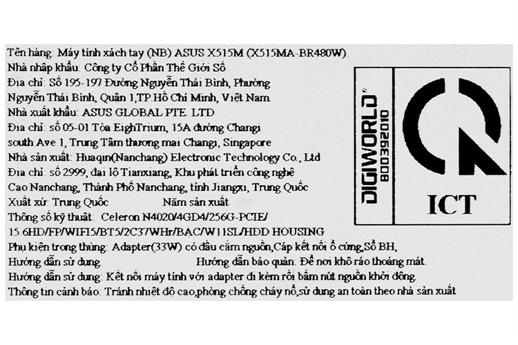 Laptop Asus VivoBook X515MA N4020/4GB/256GB/Win11 (BR480W) Màu Bạc