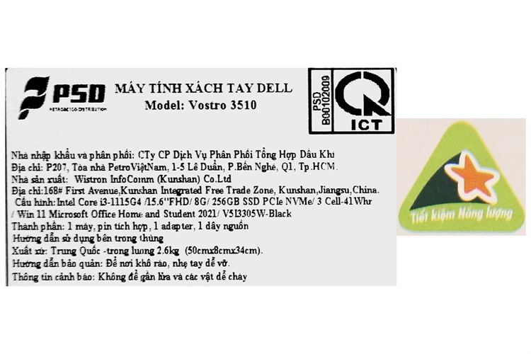 Laptop Dell Vostro 3510 i3 1115G4/8GB/256GB/Office H&S/Win11 (V5I3305W) Màu Đen