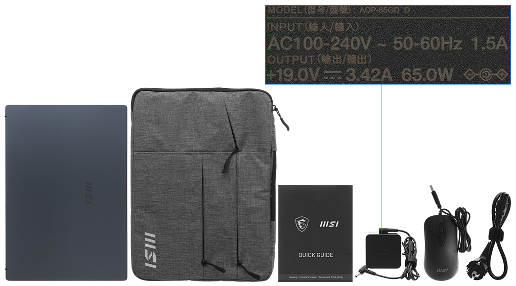 Bộ sản phẩm gồm: Dây nguồn, Sách hướng dẫn, Bao da ( Túi chống sốc trong thùng máy ), Chuột ( Trong thùng máy ), Thùng máy, Sạc Laptop MSI