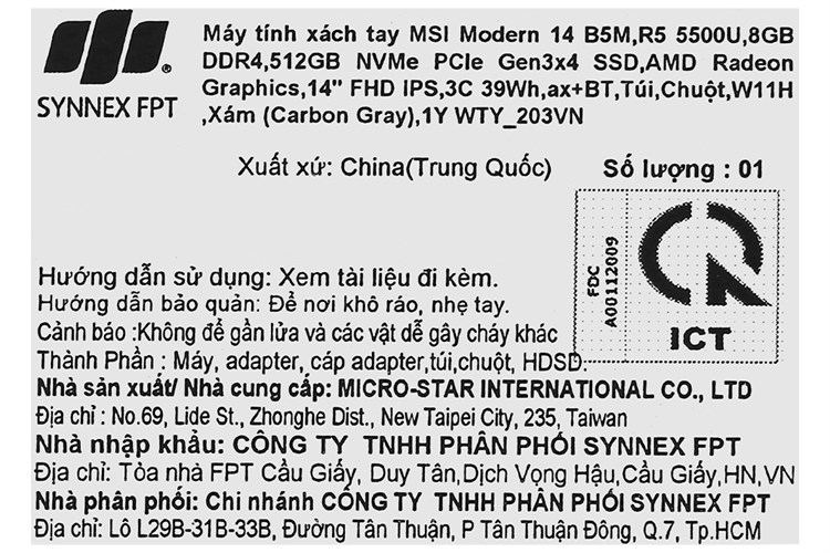 Laptop MSI Modern 14 B5M R5 5500U/8GB/512GB/Túi/Chuột/Win11 (203VN) Màu Xám