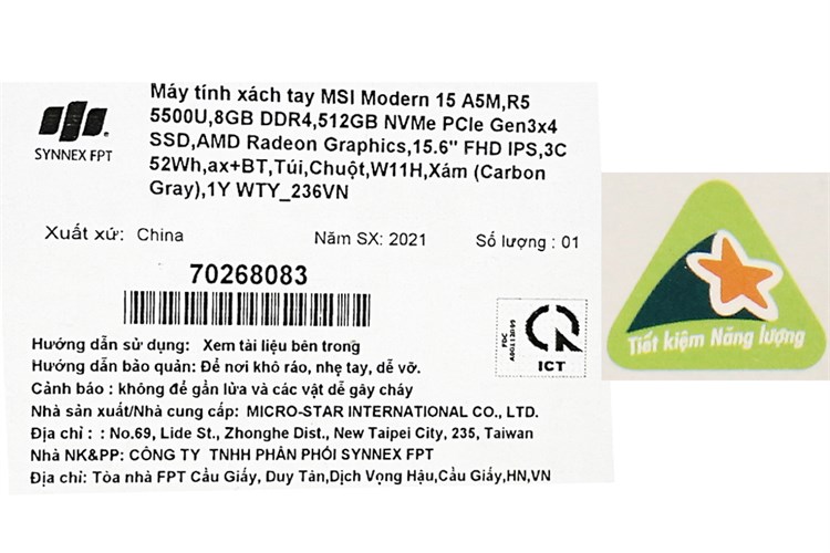 Laptop MSI Modern 15 A5M R5 5500U/8GB/512GB/Túi/Chuột/Win11 (236VN) Màu Xám