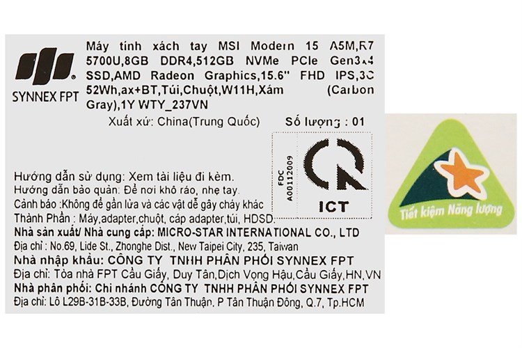 Laptop MSI Modern 15 A5M R7 5700U/8GB/512GB/Túi/Chuột/Win11 (237VN) Màu Xám