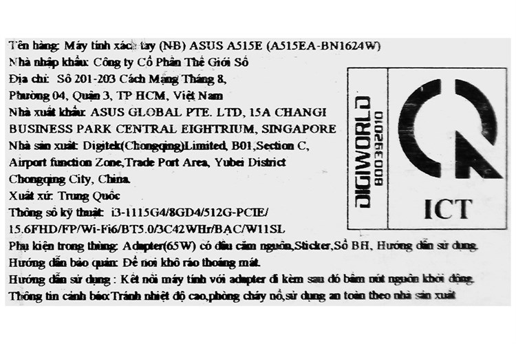 Laptop Asus VivoBook A515EA i3 1115G4/8GB/512GB/Win11 (BN1624W) Màu Bạc