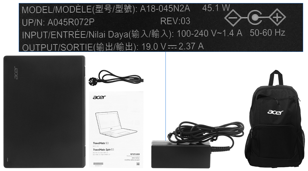 Bộ sản phẩm gồm: Dây nguồn, Sách hướng dẫn, Thùng máy, Sạc Laptop Acer