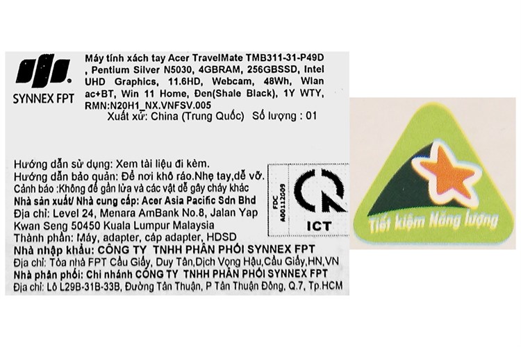 Laptop Acer TravelMate B3 TMB311 31 P49D N5030/4GB/256GB/Win11 (NX.VNFSV.005) Màu Đen