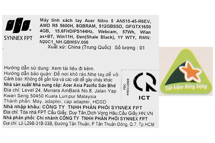 Laptop Acer Nitro 5 Gaming AN515 45 R6EV R5 5600H/8GB/512GB/144Hz/4GB GTX1650/Win11 (NH.QBMSV.006) Màu Đen
